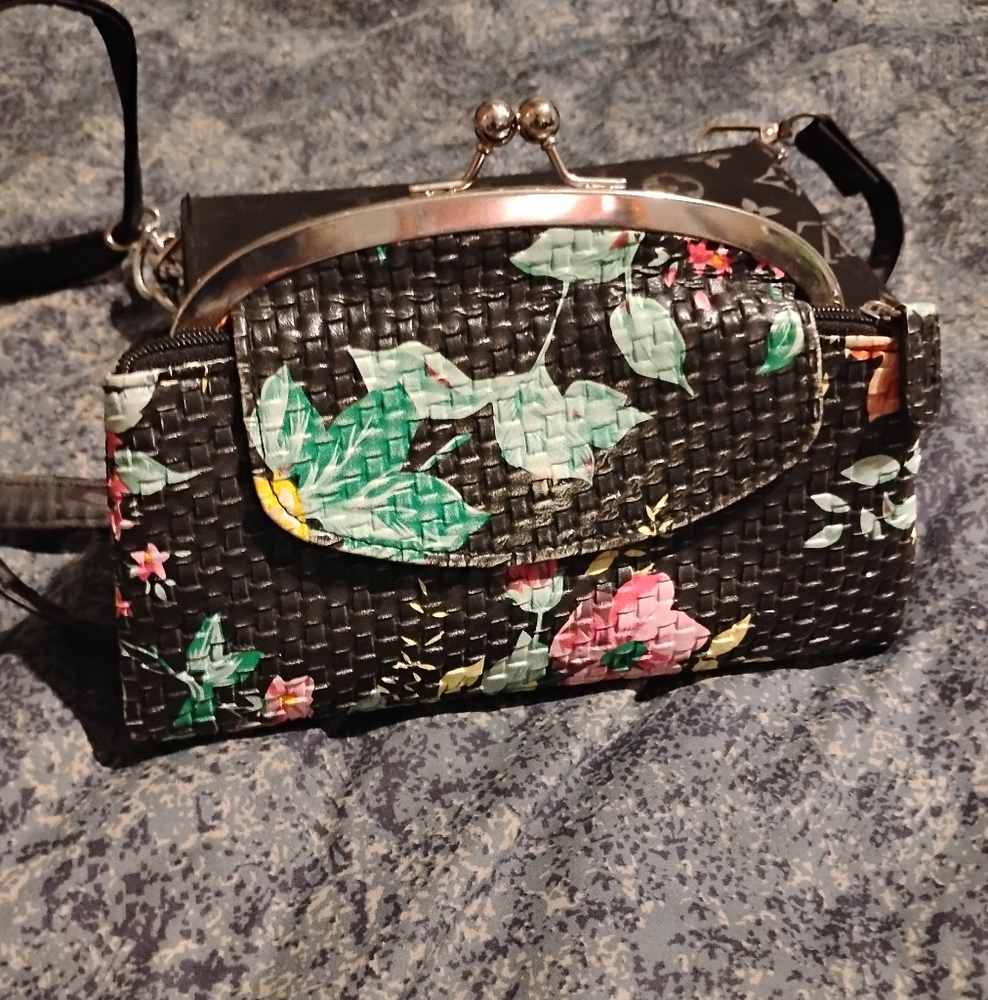 Black and Green Floral Clutch with Woven Texture